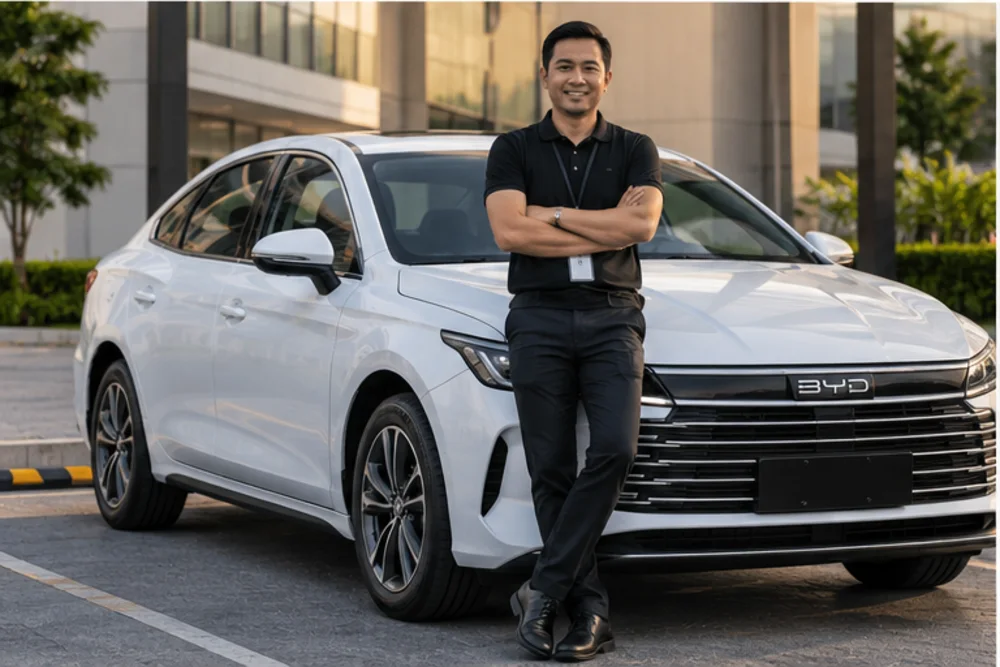 Driver standing next to a white hybrid sedan